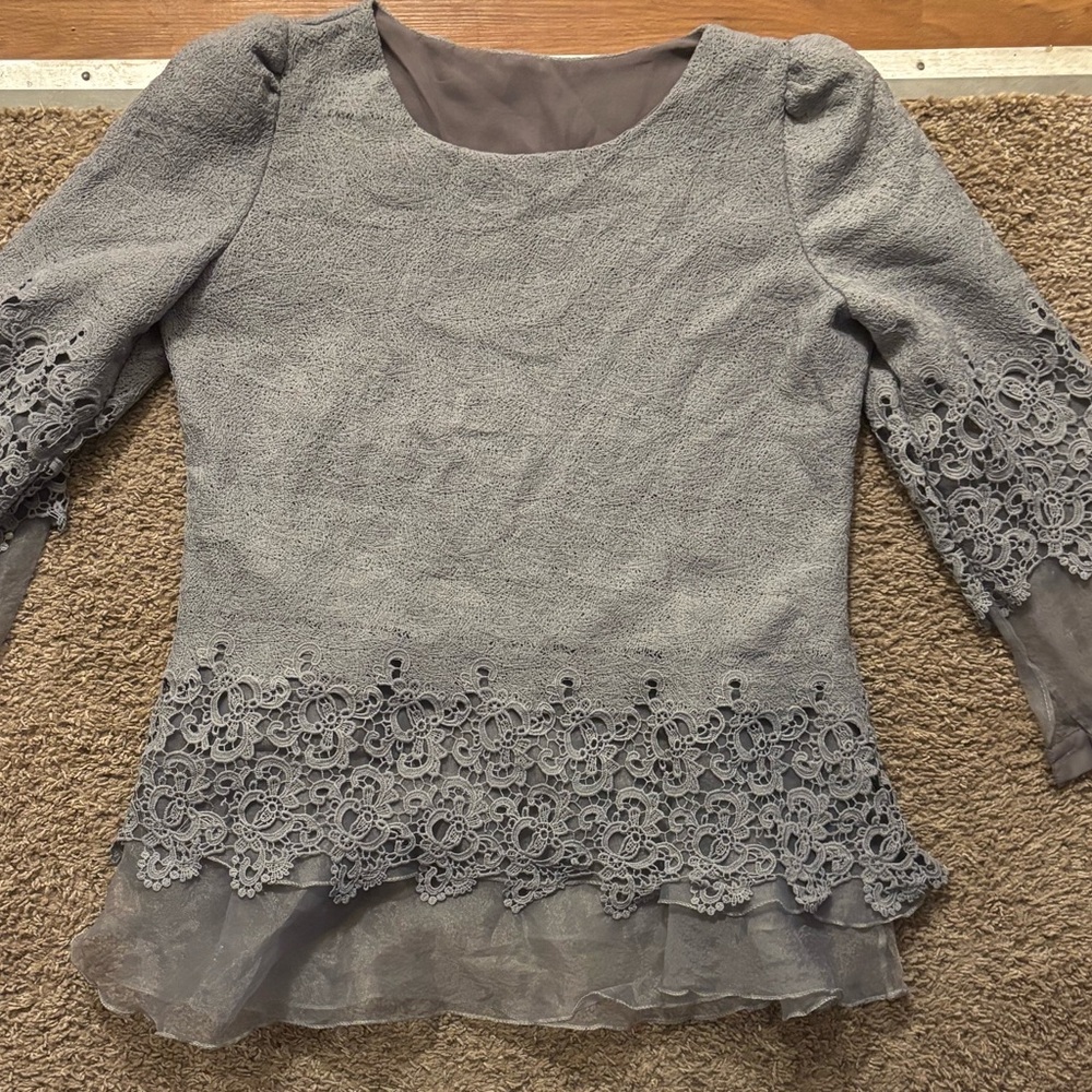 Fashion Mia Womans Lg Gray Lace and Chiffon Top Like New